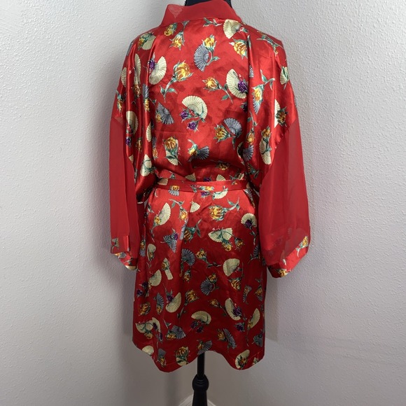 Vintage‎ Delicates Robe Women's XL Red Floral Asian Fan Sensu Sheer Sleeve Y2K - Picture 4 of 9